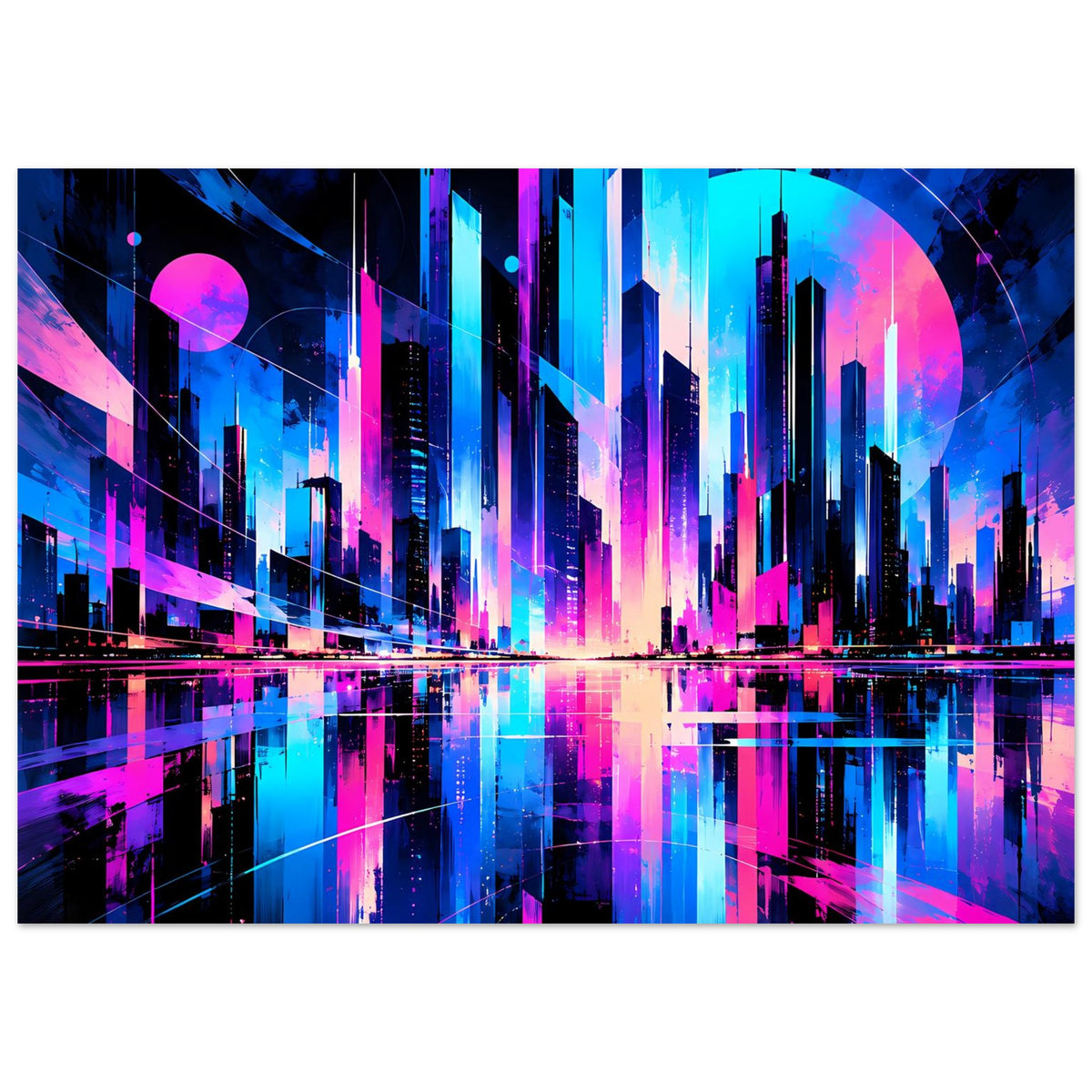Neon-Cityscape-Poster mit futuristischer Skyline in Blau und Pink, horizontal, mit dunklem Rand.
