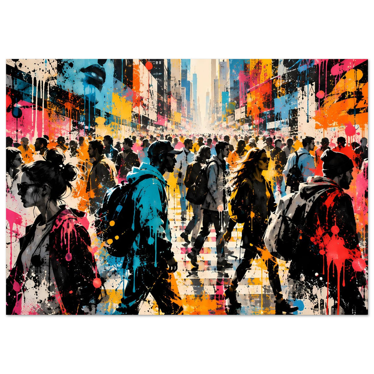 Street-Art-Poster im Querformat: belebte Straße, kräftige Farbakzente, schwarze Figuren in Bewegung
