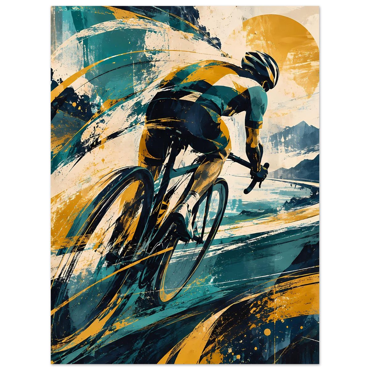 Sportposter im Hochformat: Radfahrer im Vordergrund, blaue und gelbe Pinselstriche, kurviger Weg
