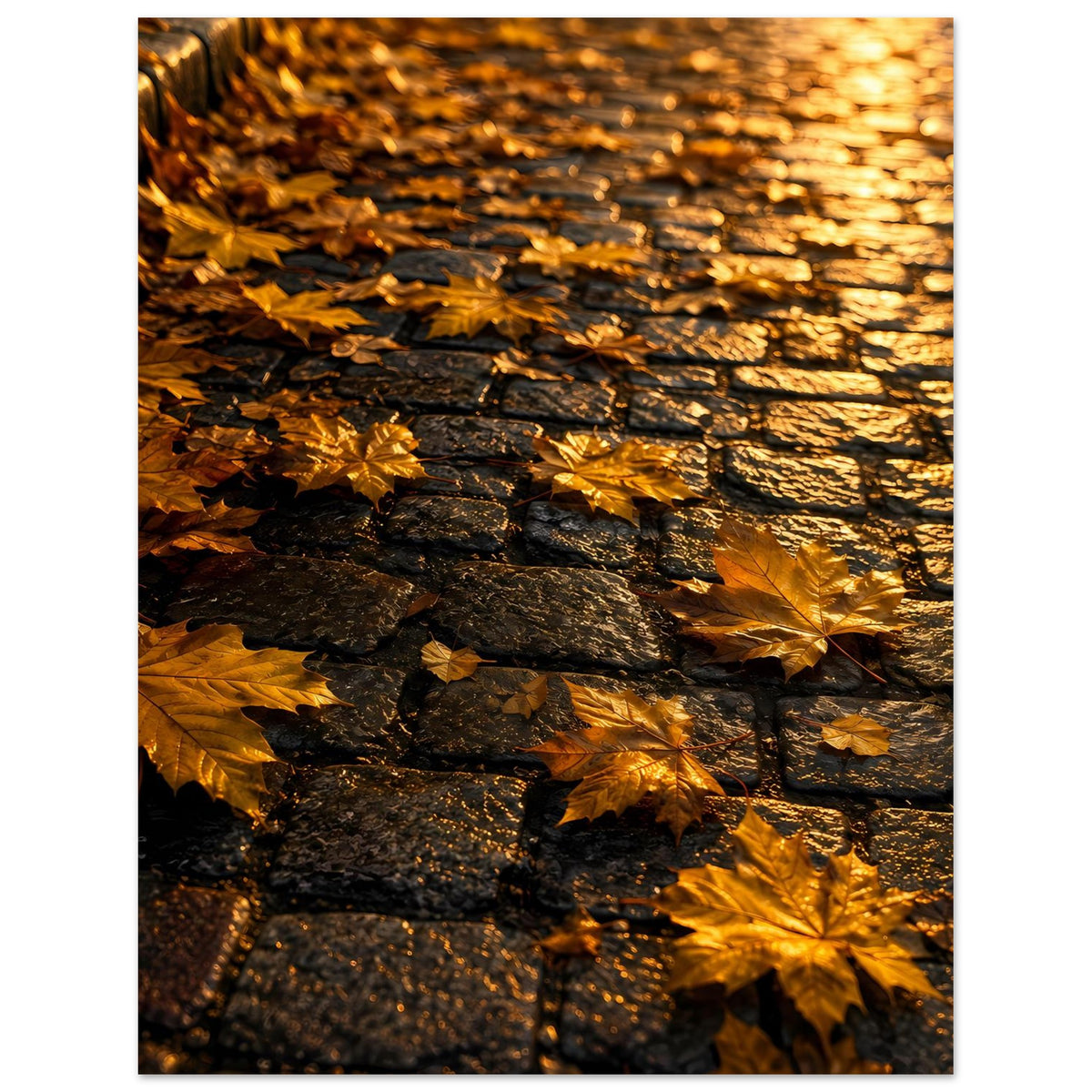 Herbstposter im Hochformat mit goldenen Blättern auf dunkler Steinmauer, warm