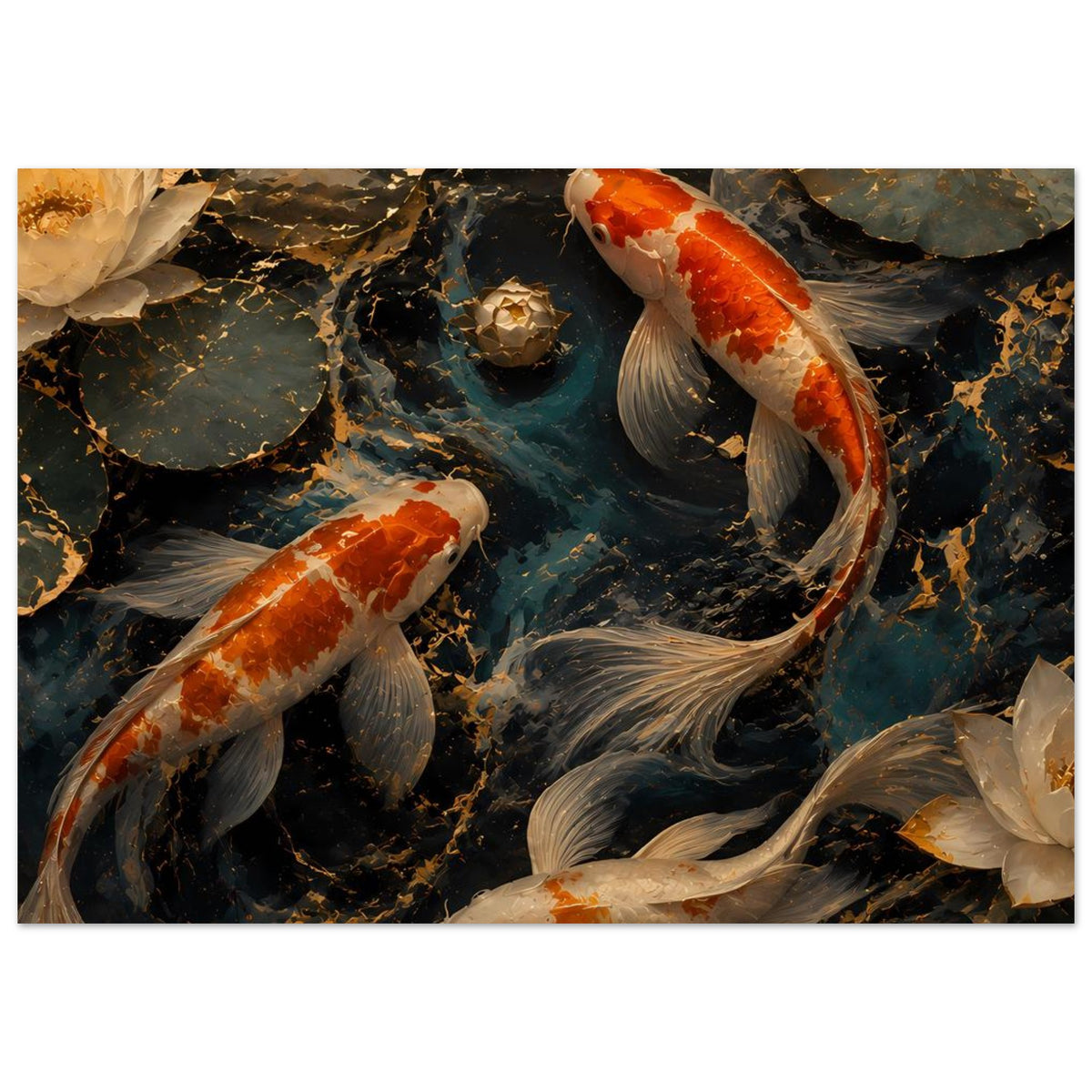 Koi-Teich Kunstposter im Querformat: vier Koi im dunklen Wasser mit goldenen Highlights.