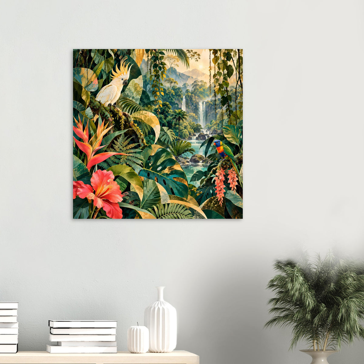 Kleines Poster mit Dschungelblättern, Kakadu im Bildvordergrund und Papagei