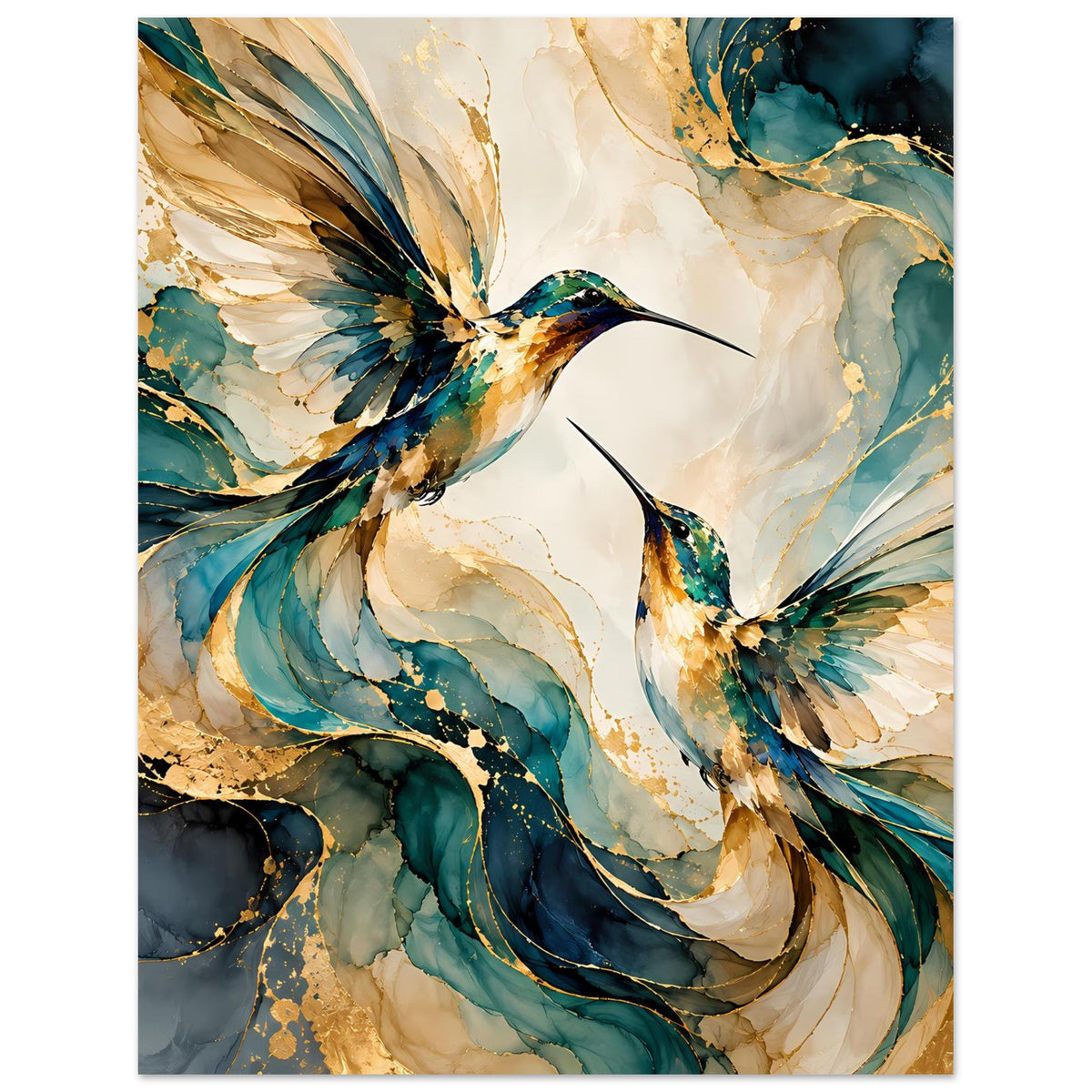 Vogelposter mit zwei Kolibris in Blau und Gold, große Feder-Details im Ausschnitt