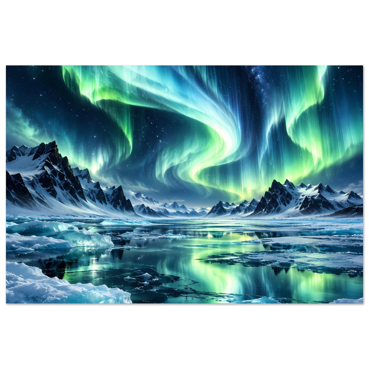 Horizontales Poster mit Nordlichtbogen über Eiswasser, Bergen und Schneeflächen
