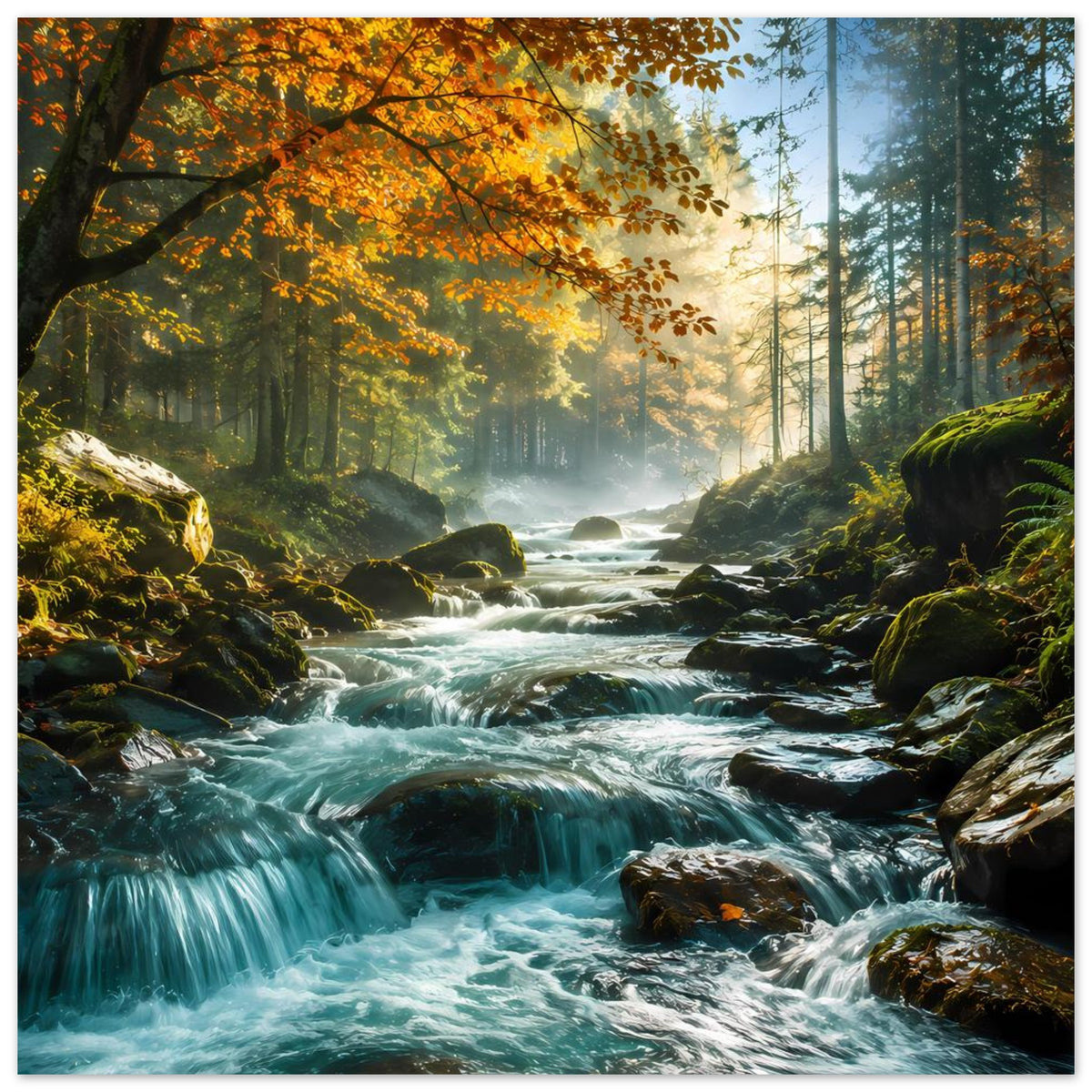 Quadratisches Poster mit Bachschwellen und Nebel, Wald mit dunklen Nadelbäumen