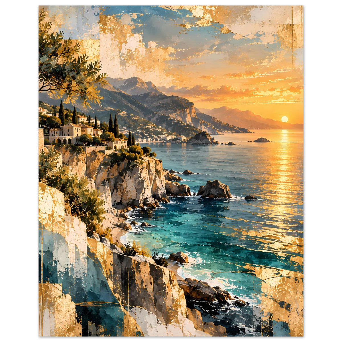 Vertikales Poster: Küstenpanorama bei Sonnenuntergang mit Sonne, Meer, Klippen und Häusern