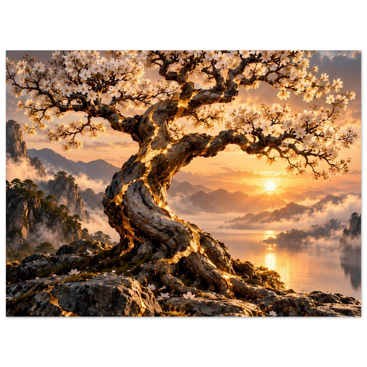 Blühendes Landschaftsposter mit weitem Horizont: Baumkrone, Sonnenuntergang und Wasserreflex