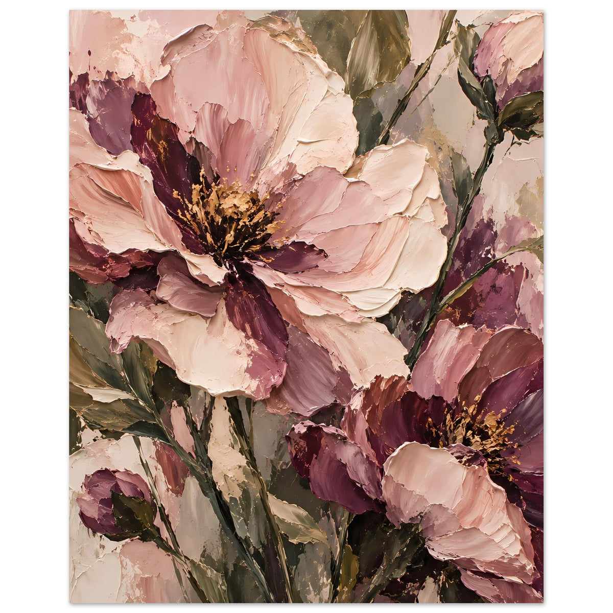 Florales Poster mit zentraler rosa Blüte, mauve Schattierungen und grünen Stielen, Hochformat.