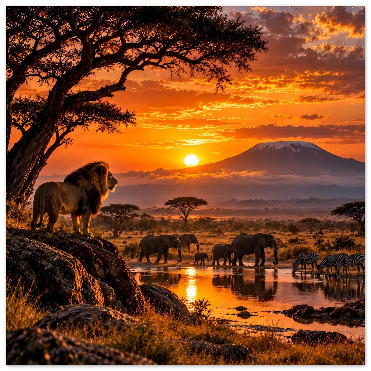 Afrika-Safari-Sonnenuntergangs-Poster, quadratisch: Löwe links, Elefanten am Wasser, Zebras im Hintergrund