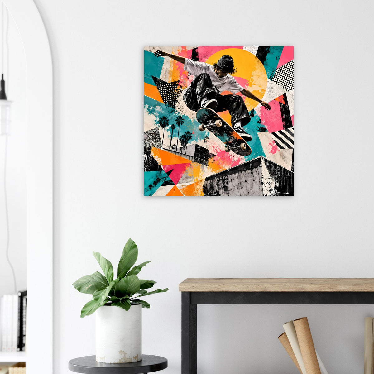 Quadratisches Street-Art-Poster: Skateboarder im bunten Graffiti-Stil