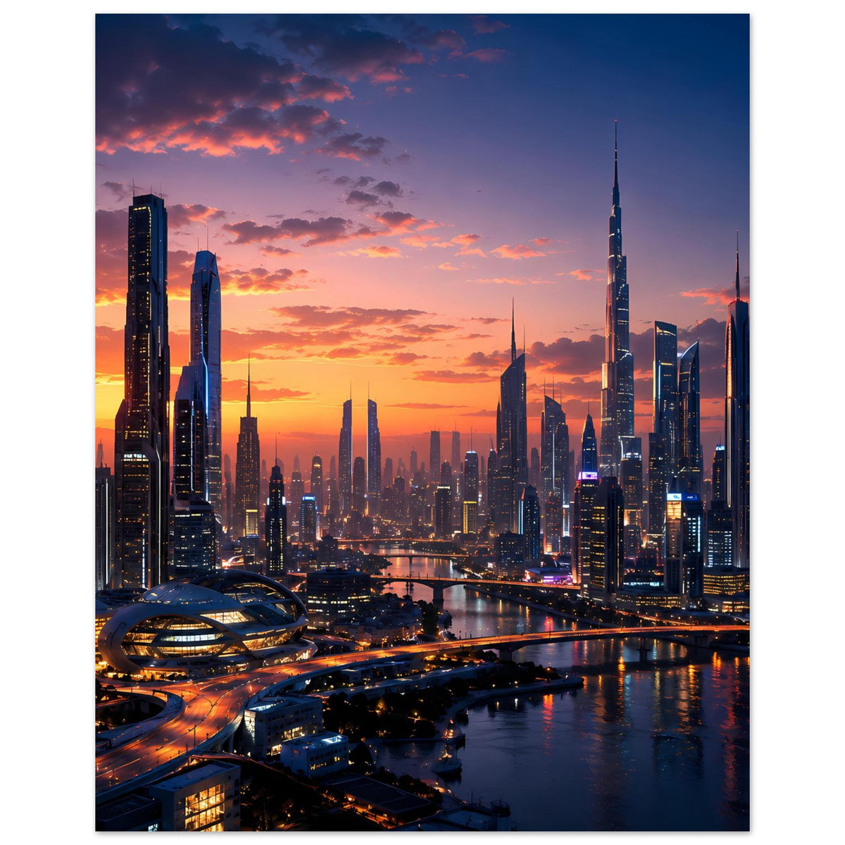 Hochformatiges Skyline-Sonnenuntergangs-Poster mit dunklem Fluss und leuchtenden Gebäuden