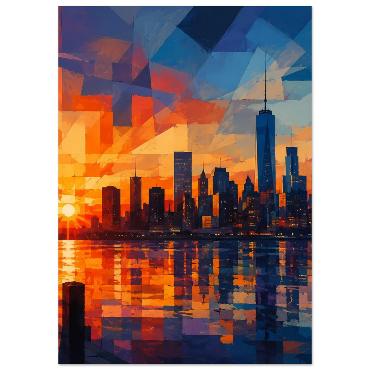 Vertikales Poster mit Skyline am Abend, geometrische Muster, orange Sonne und dunkle Reflexion