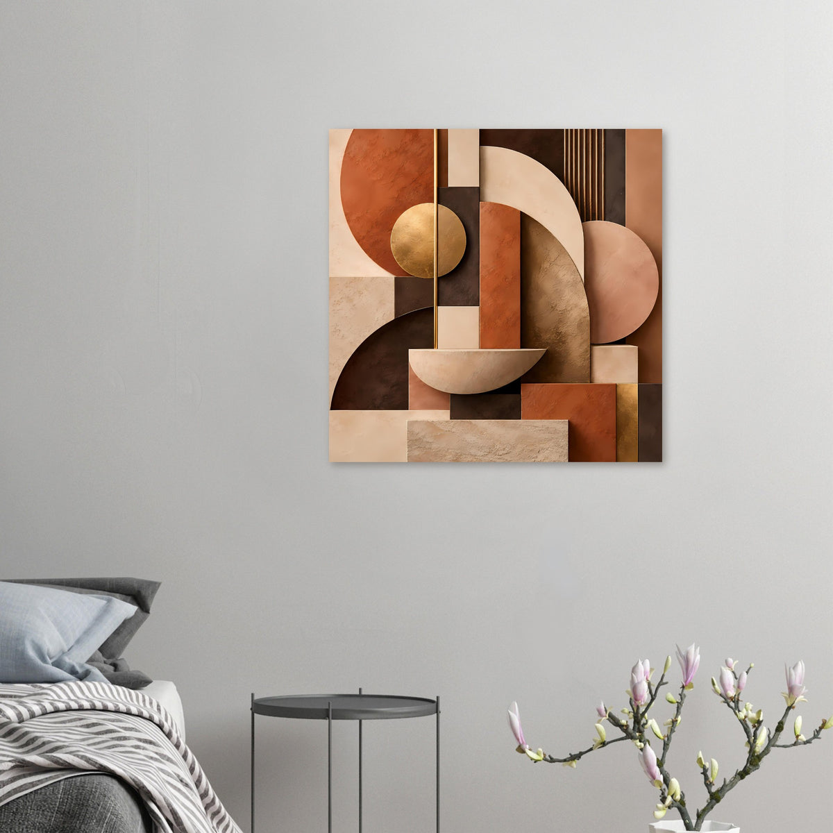 Kunstposter in kleiner Ansicht: geometrische Kreise, Halbmonde und Rechtecke in Terrakotta und Gold
