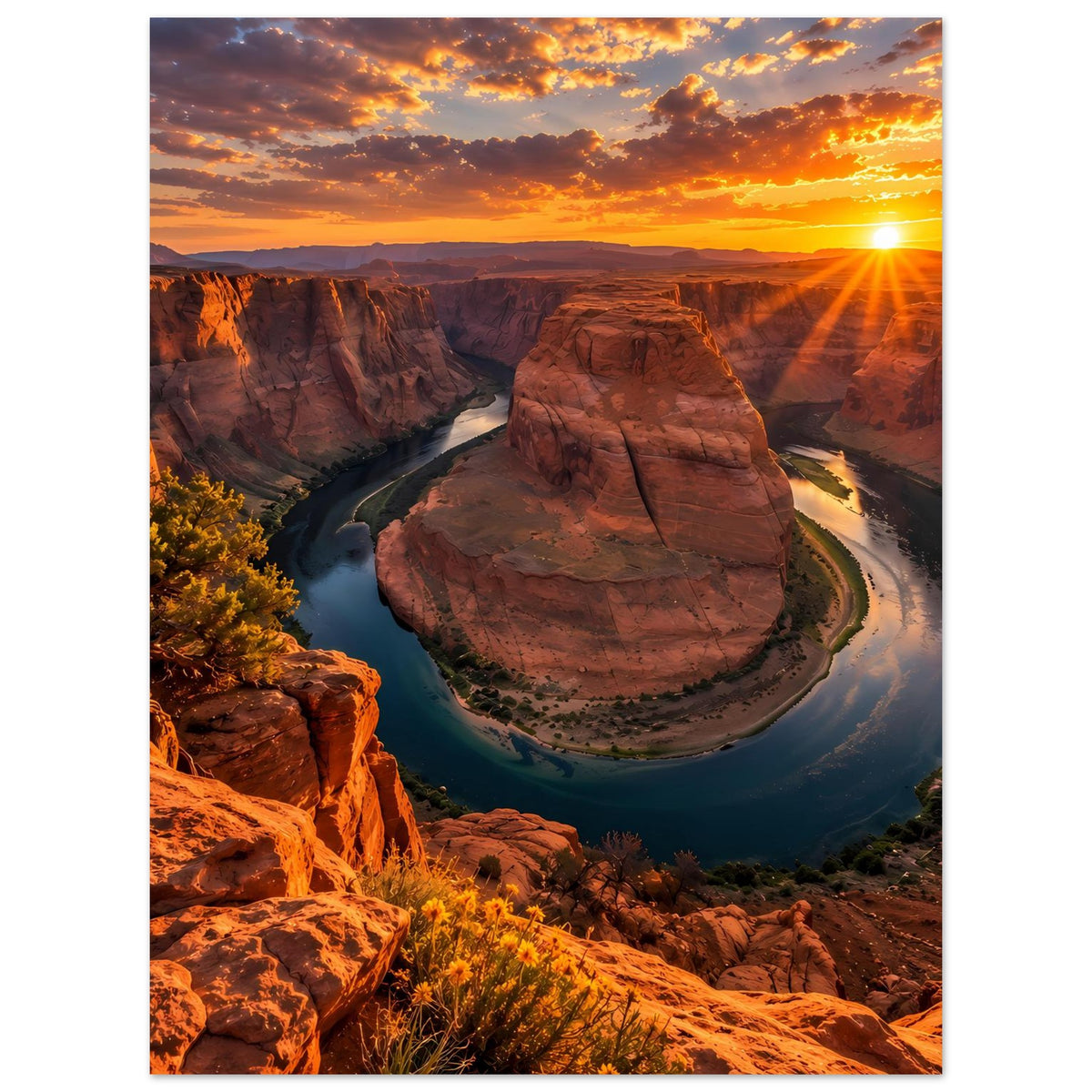 Wandposter mit Flusswindung im Canyon und Sonne über roten Felswänden