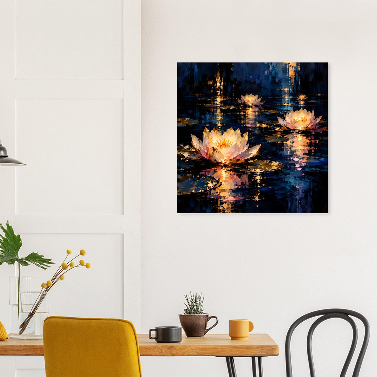 Quadratisches Blumenposter mit Seerosenblüten, goldene Spiegelungen im dunklen Wasser