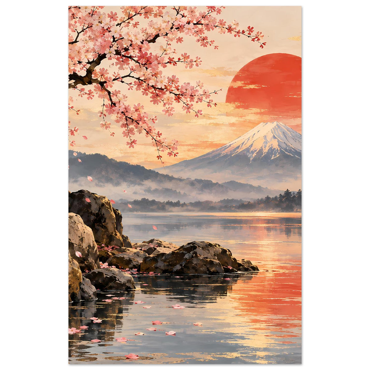 Hochkant-Poster mit Kirschblütenzweig, Berg Fuji, roter Sonne und See im Abendlicht