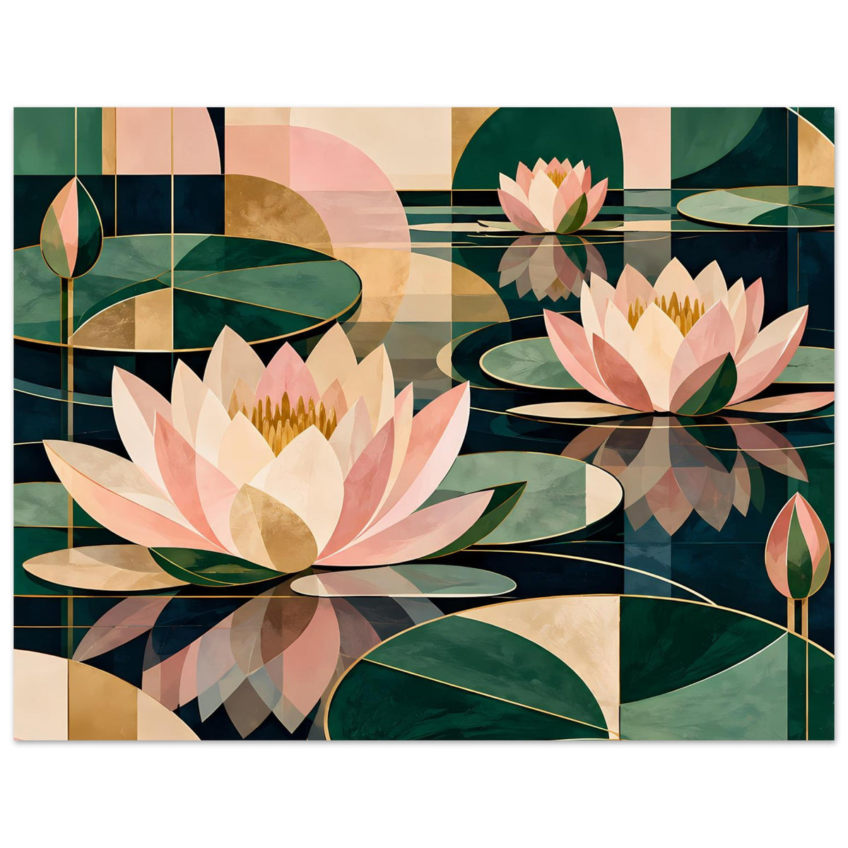 Lotus-Grafikposter: stilisierte Lotusblüten und Blätter in Grün- und Rosatönen
