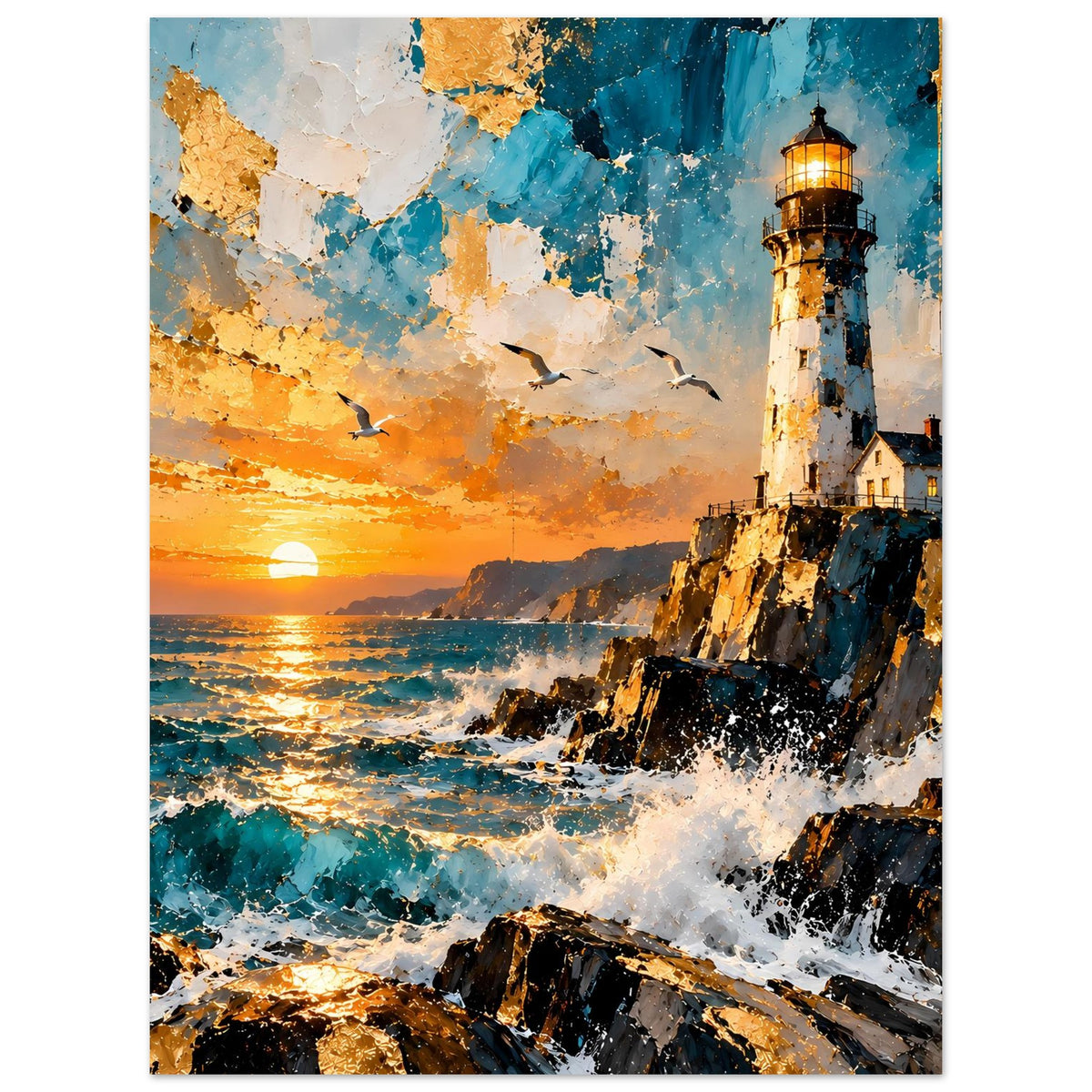 Poster mit Leuchtturm an der Küste, Sonnenuntergang, blaue Wellen und spritzige Farben