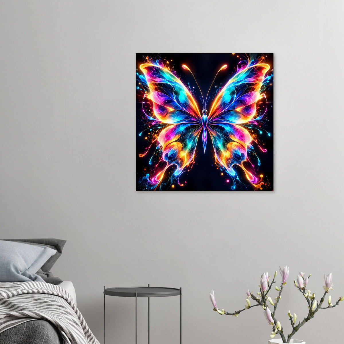 Neon-Schmetterling-Poster im Querformat, kleines Format, zentrierte leuchtende Flügel