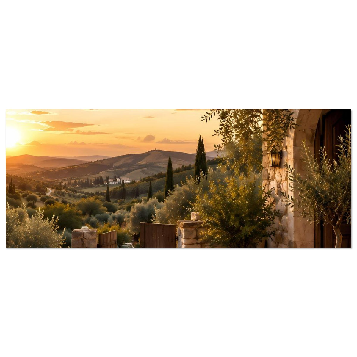 Kunstposter Panorama: Terrasse mit Pflanzen, Laterne und goldener Abendsonne