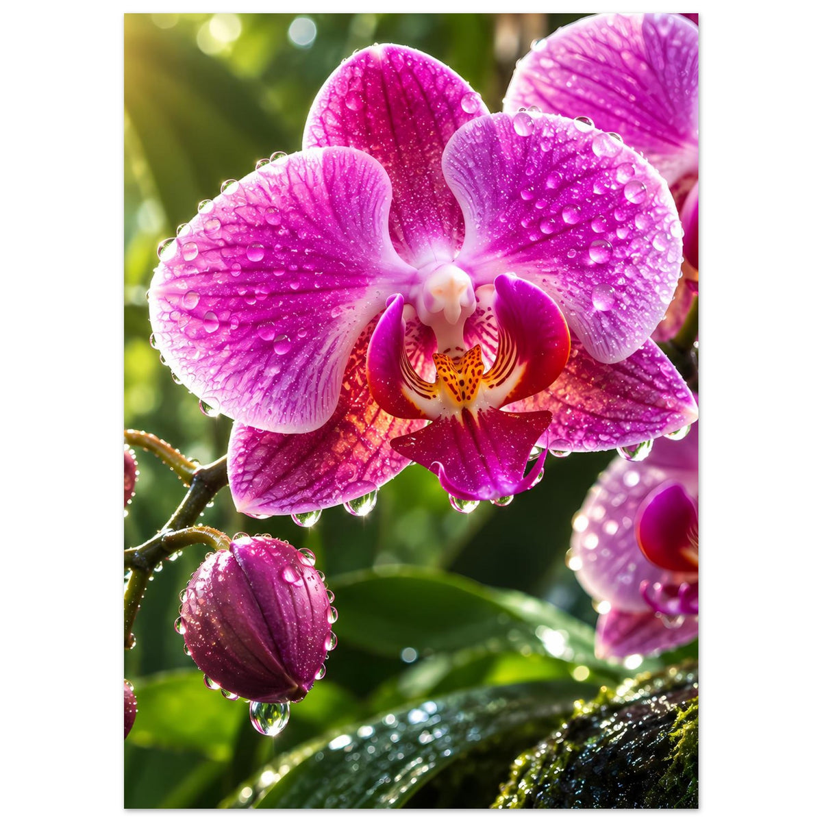 Poster: pinke Orchideenblüten, Wassertropfen auf Blütenblättern und Knospen