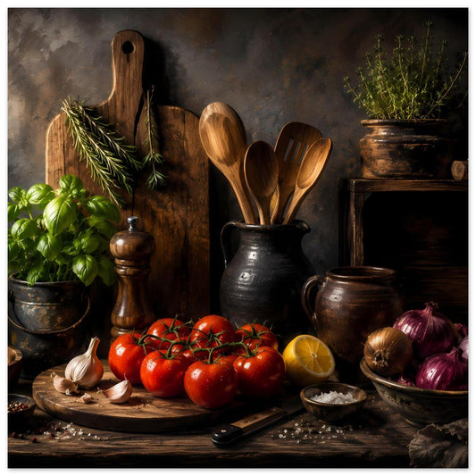 Küchenmotiv-Poster mit Holzlöffeln im Krug, Tomaten, Kräutern und Zwiebeln