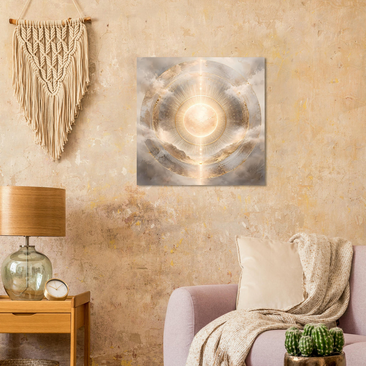 Kosmos-Poster mit kreisförmiger Sonne, goldenen Ringen und abstraktem Wolkenverlauf