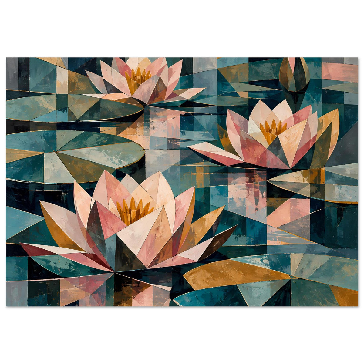 Blumenposter mit Seerosen-Motiv aus Dreiecken in Petrol, Pastellrosa, Beige und Gold