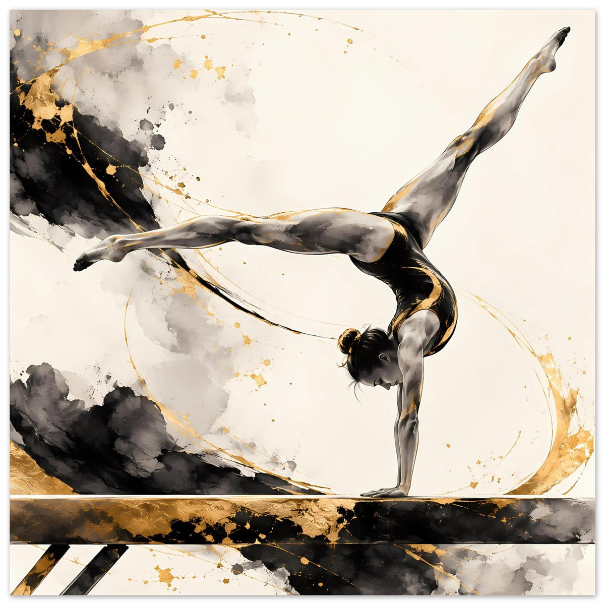 Gymnastikposter mit Turnerin im Handstand, grauschwarzer Körper im Kontrast zu Goldakzenten