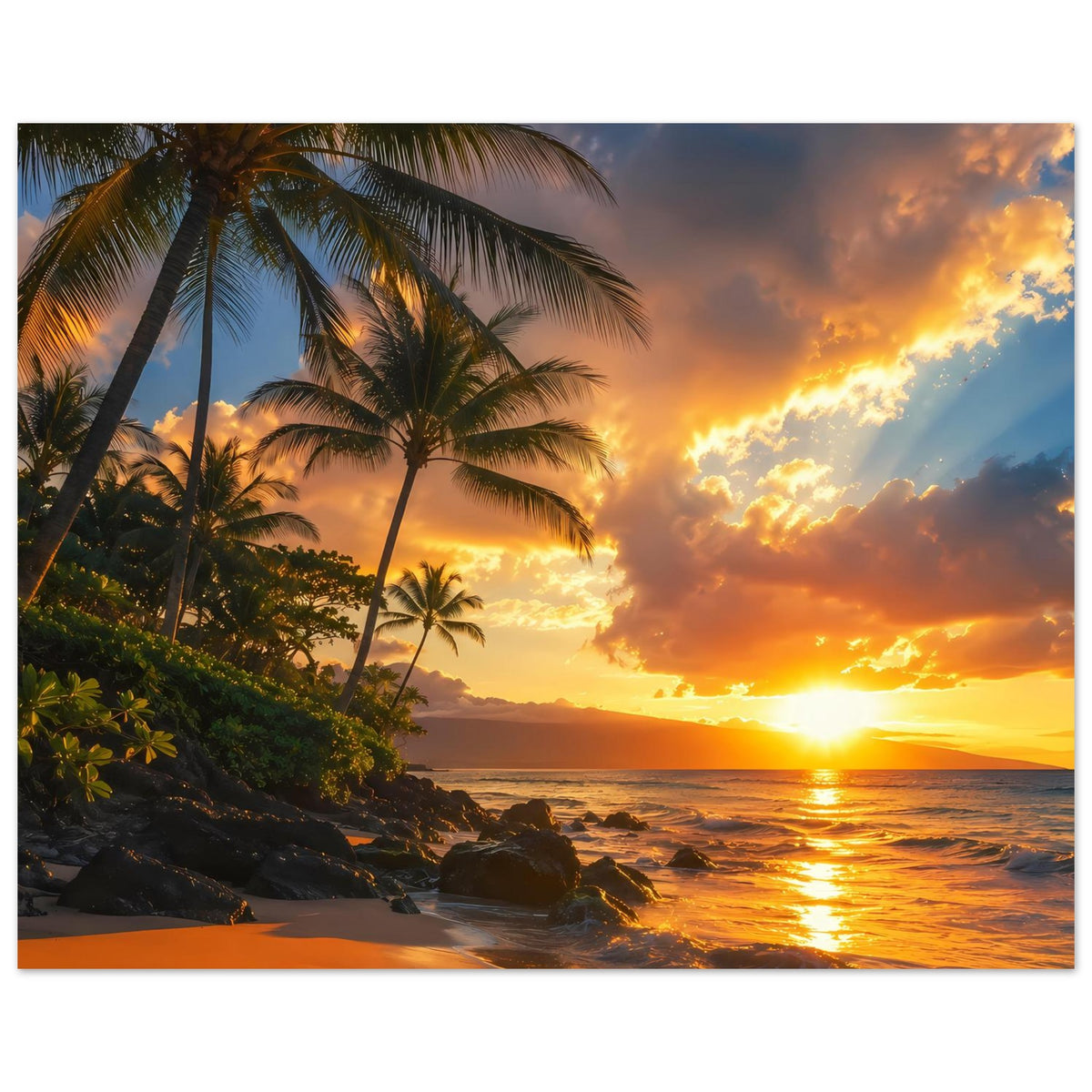 Strandposter mit Palmen und felsigem Küstenabschnitt, Sonnenuntergang in warmen Orange-Tönen