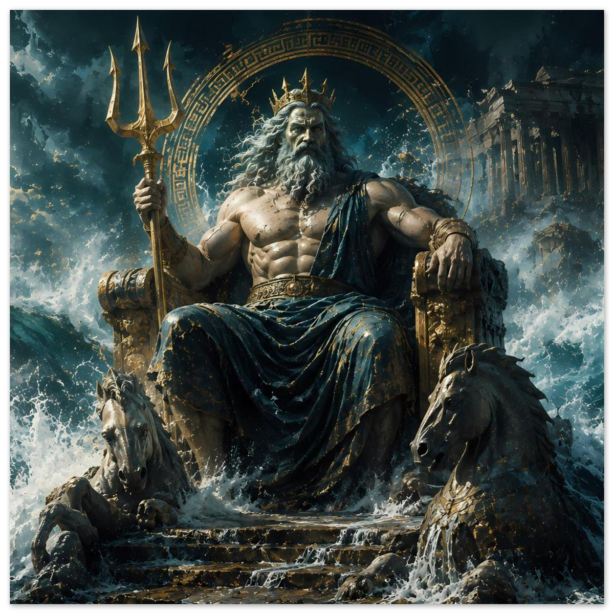 Poster mit Poseidon auf Thron, Mantel, Dreizack und Meerestropfen um den Sockel
