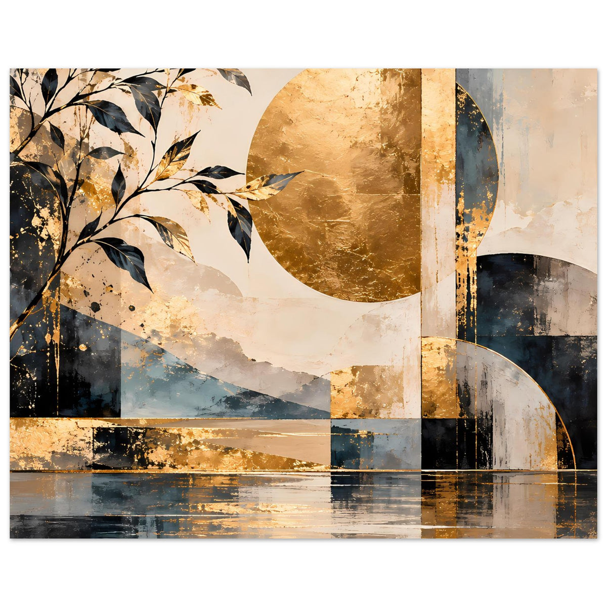Abstraktes Kunstposter mit goldenen Flächen, blauem Verlauf und spiegelnd wirkenden Linien