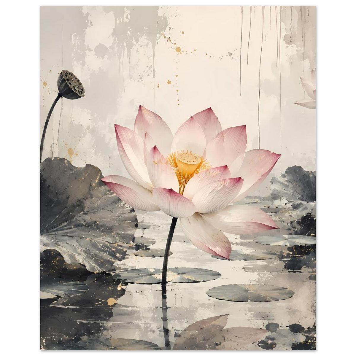 Poster mit rosa-weißer Lotusblüte, goldige Staubfäden und graue Seerosenteich-Oberfläche