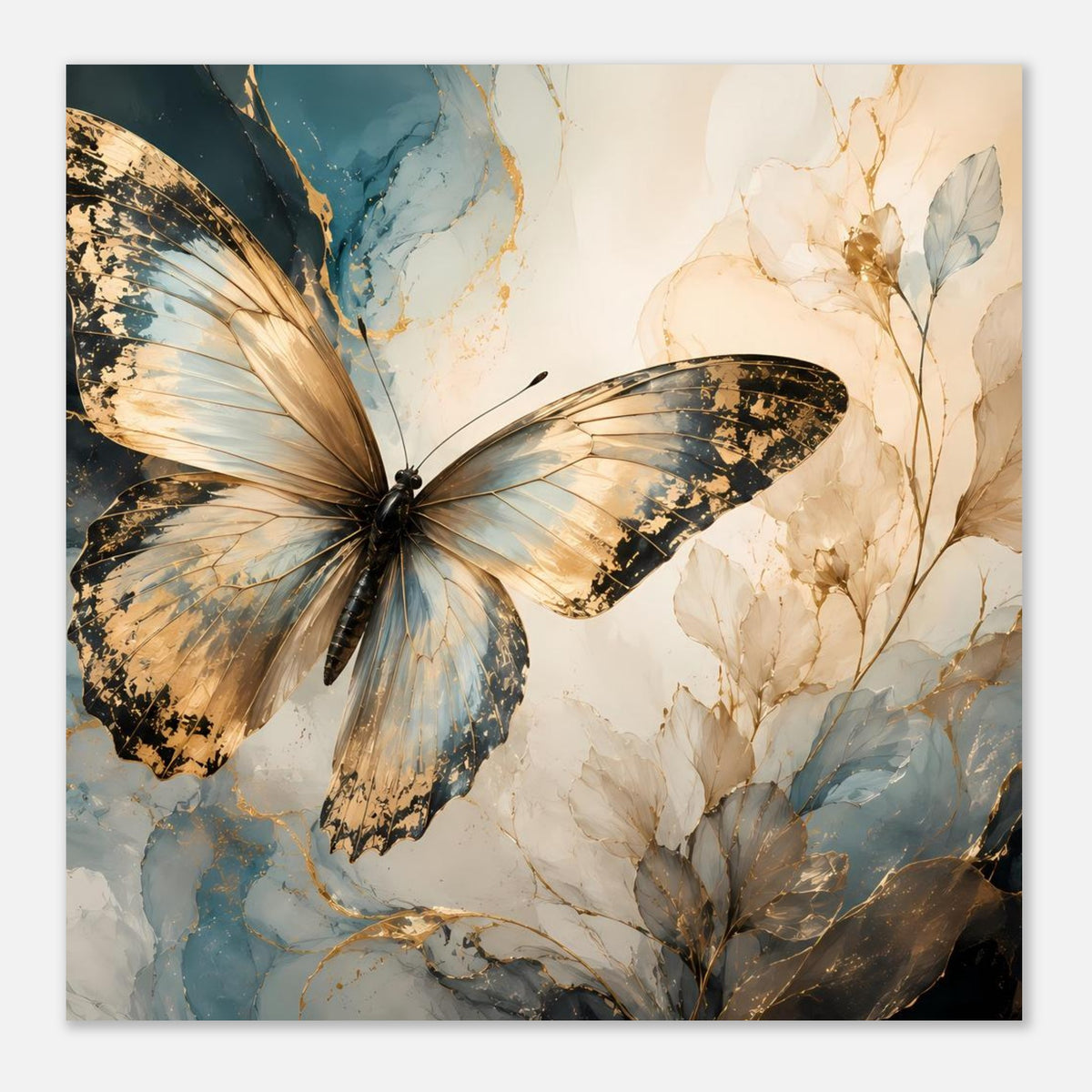 Kunstposter im Querformat mit Schmetterling in Blau-Gold und goldbeigen Blättern