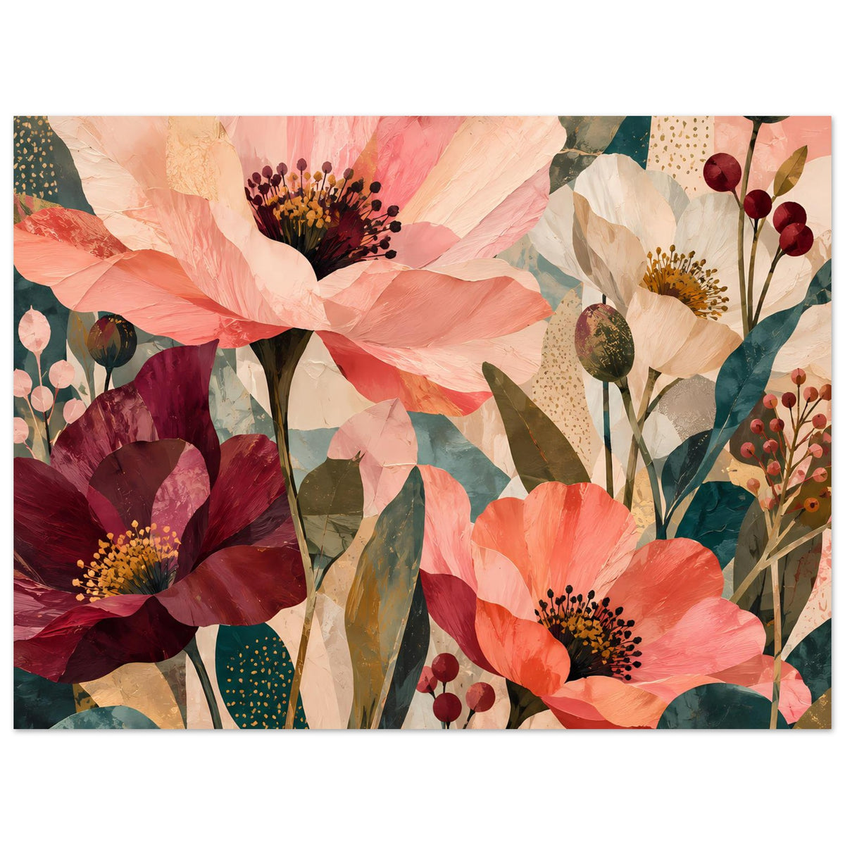 Blumen-Artposter mit Korallenblüten, burgunderroten Blütenköpfen, grünen Blättern und Stielen