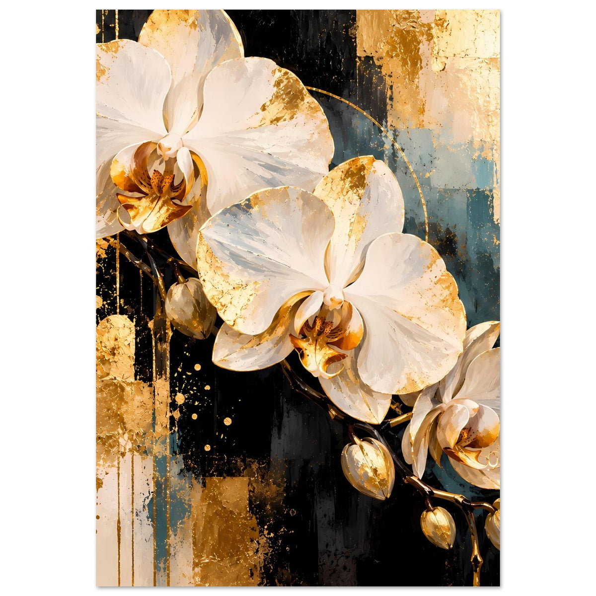 Poster mit weißen Orchideenblüten und goldener Ranke, zentriertes Motiv mit mehreren Blüten
