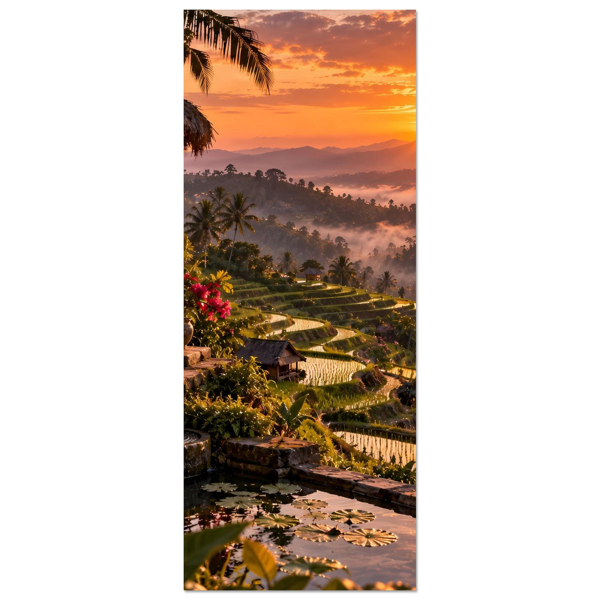 Vertikales Poster: Reis-Terrassen und Palmenlandschaft mit Lodge und Abendhimmel