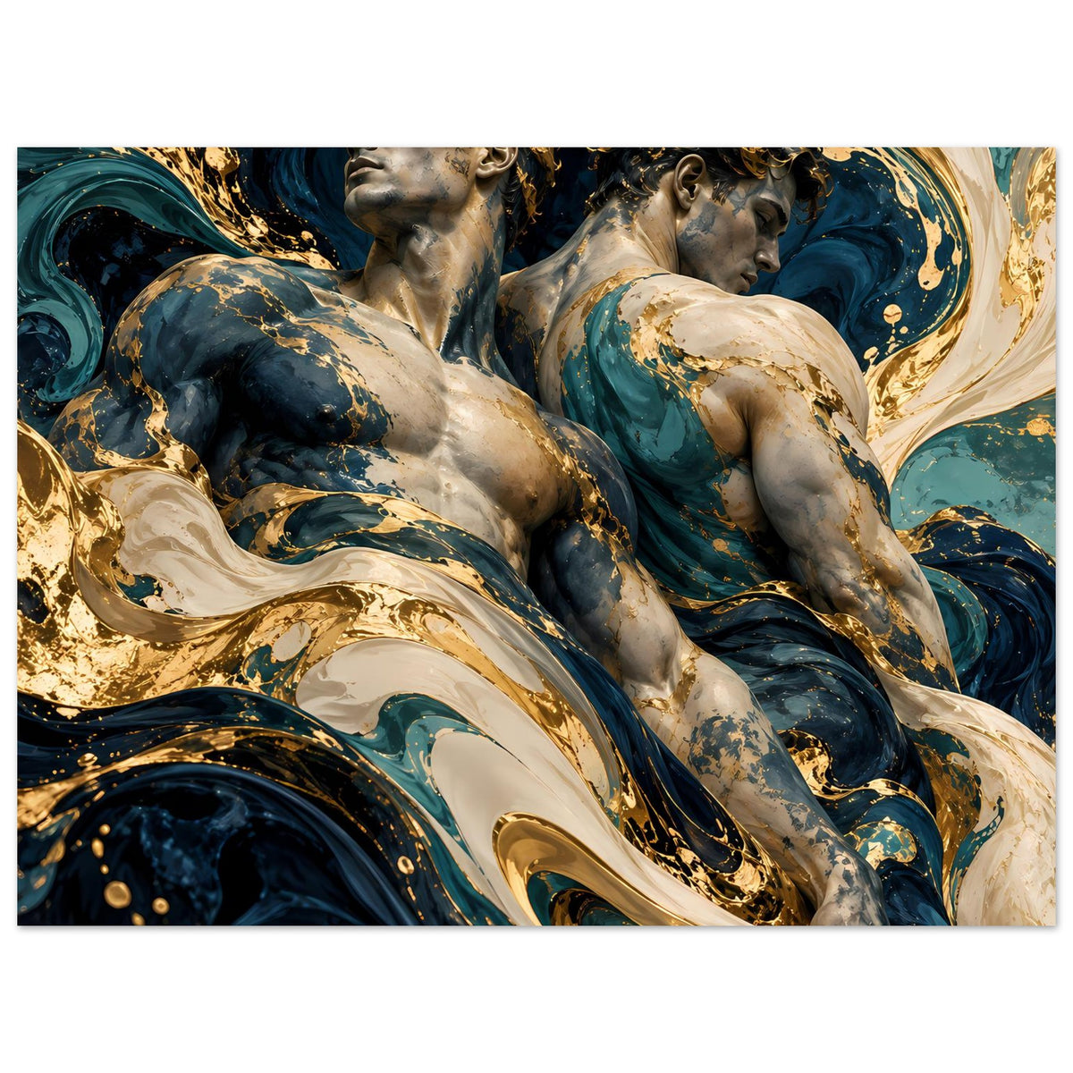Kunstposter im Querformat: zwei Aktfiguren, Gold- und Blauschleifen, gemischte Wirbel