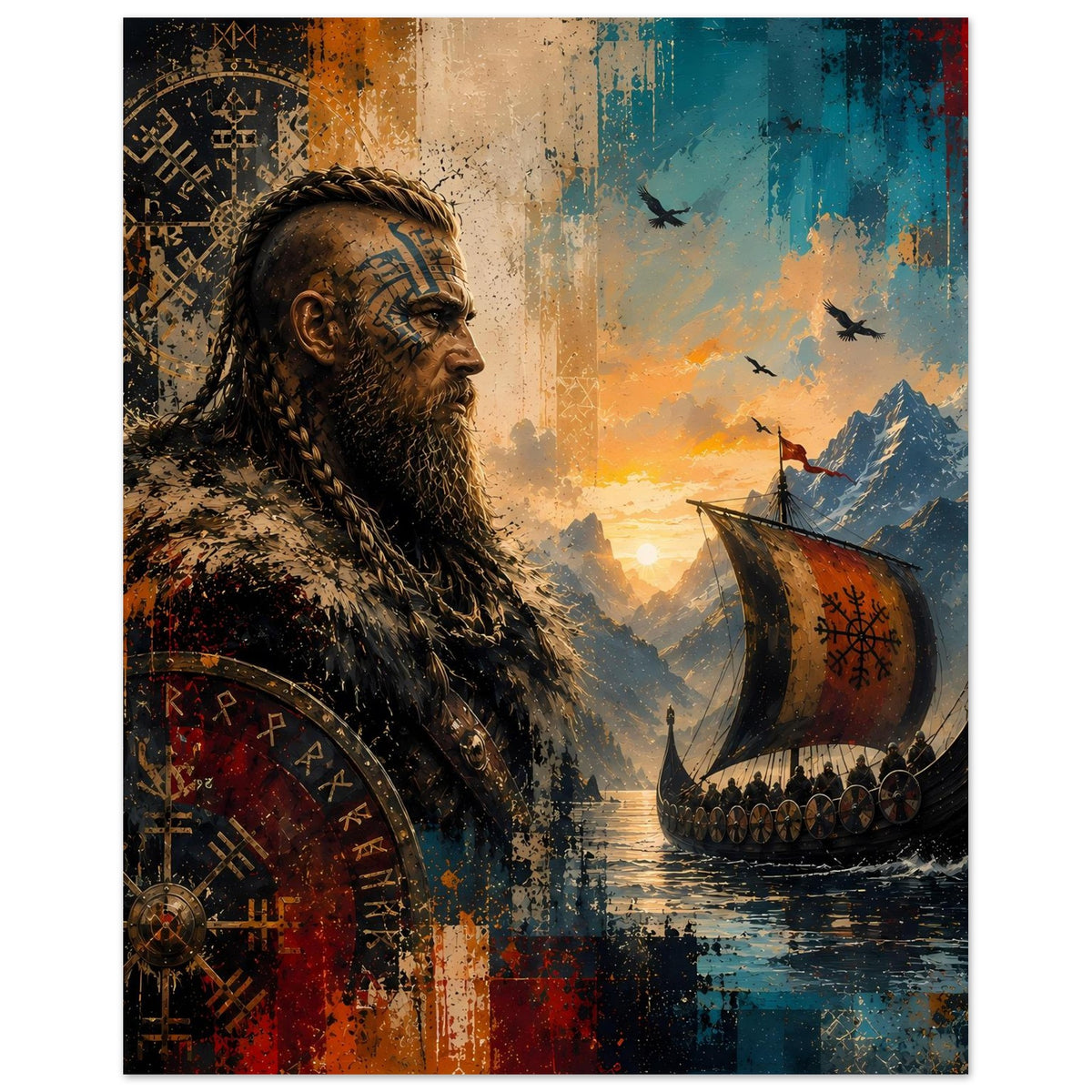 Saga-Poster: bärtiger Krieger im Profil, Runenmuster auf Schild; Langschiff bei Sonnenuntergang