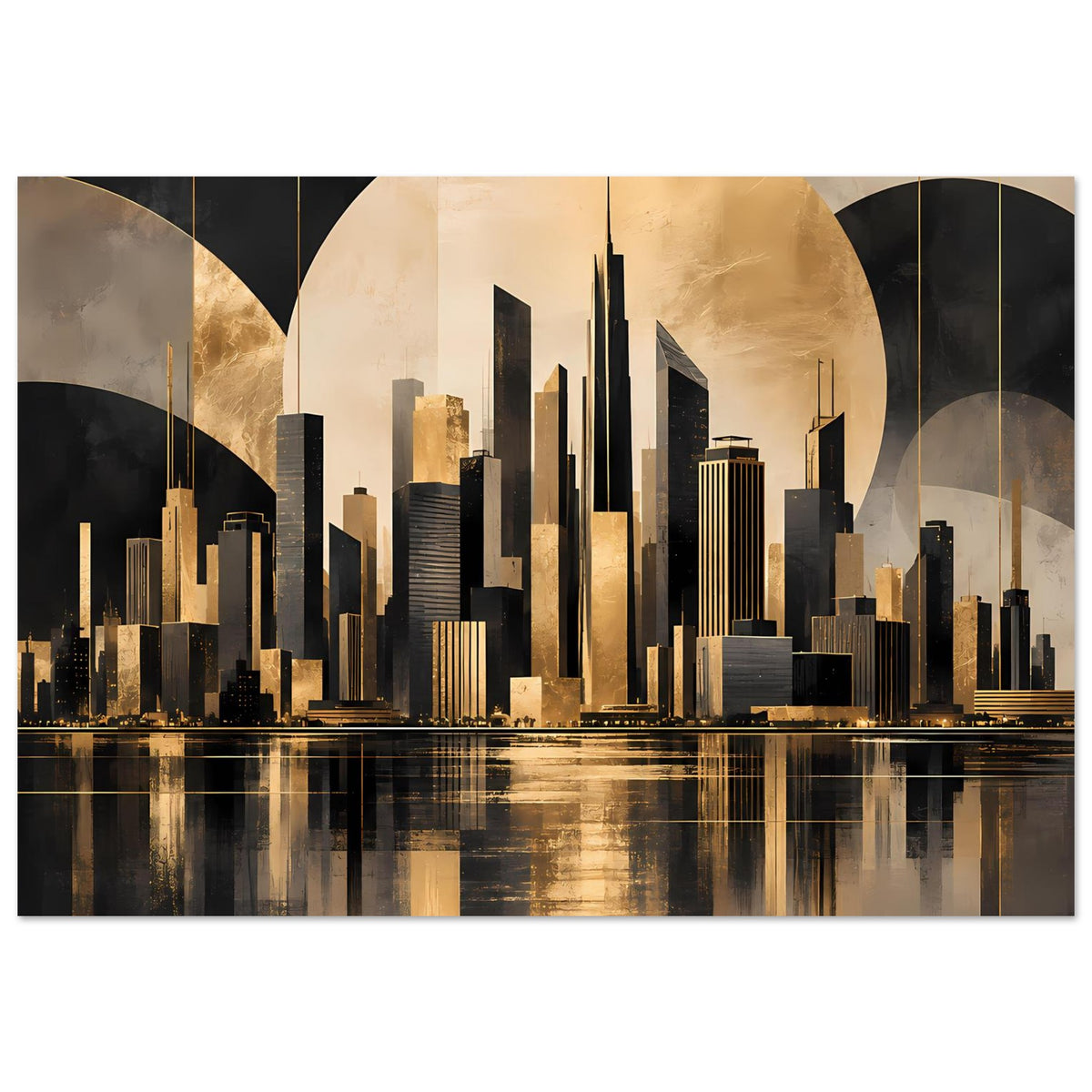 Stadtposter mit goldschwarzer Skyline, großer Kreisform im Hintergrund und Spiegelung