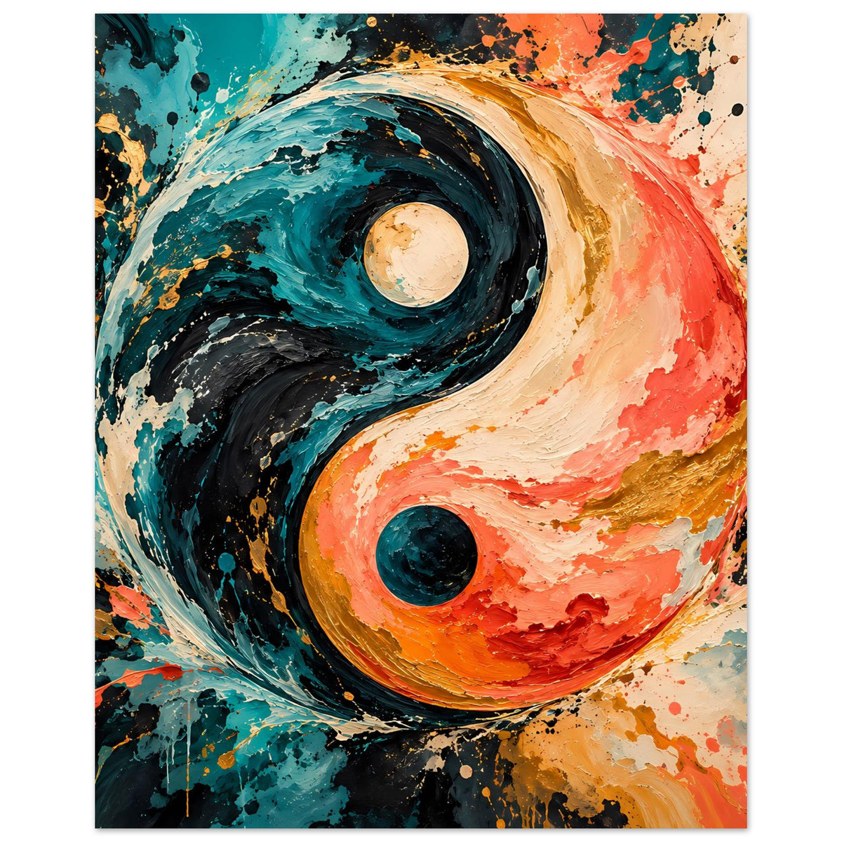 Abstraktes Yin-Yang-Poster: Yin-und-Yang-Kreisformen in Dunkelblau, Schwarz und Orange