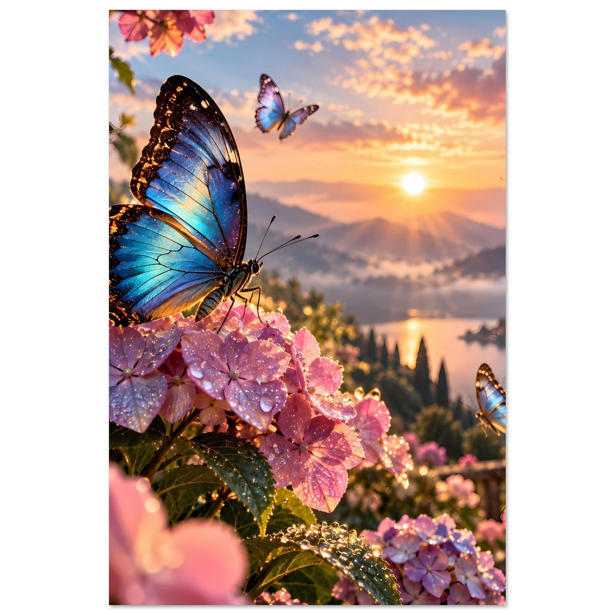 Poster mit blauem Schmetterling auf rosa Blüten, goldener Sonnenuntergang und Berge