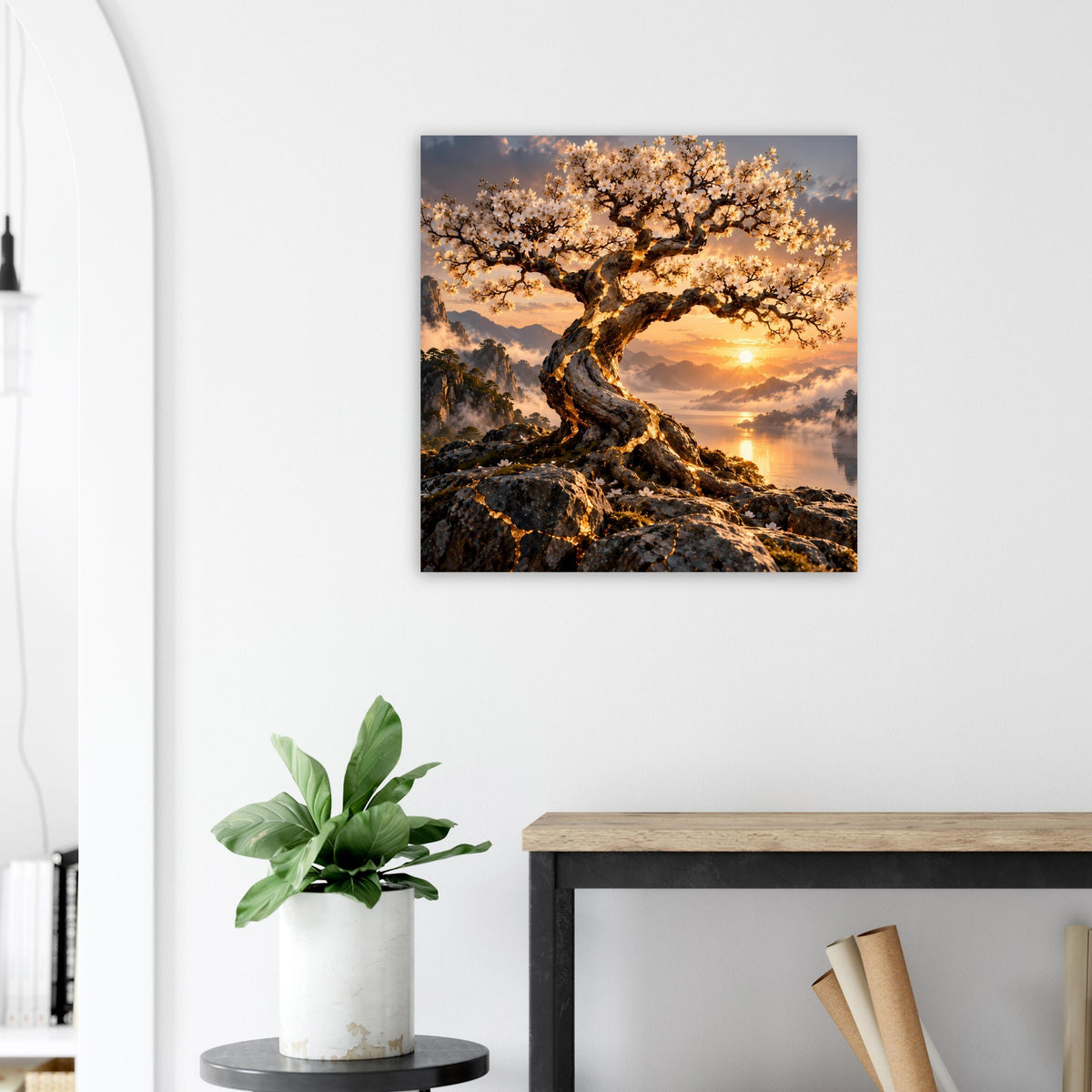 Quadratisches Poster mit blühendem Baum und goldenem Sonnenuntergang im Landschaftsbild