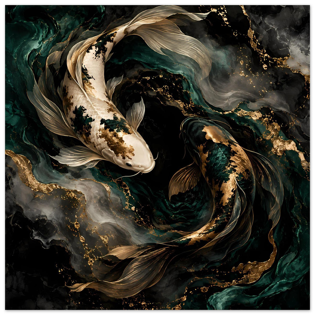 Kunstposter mit zwei Koi-Fischen im Wasserwirbel, tiefes Grün und goldene Akzente