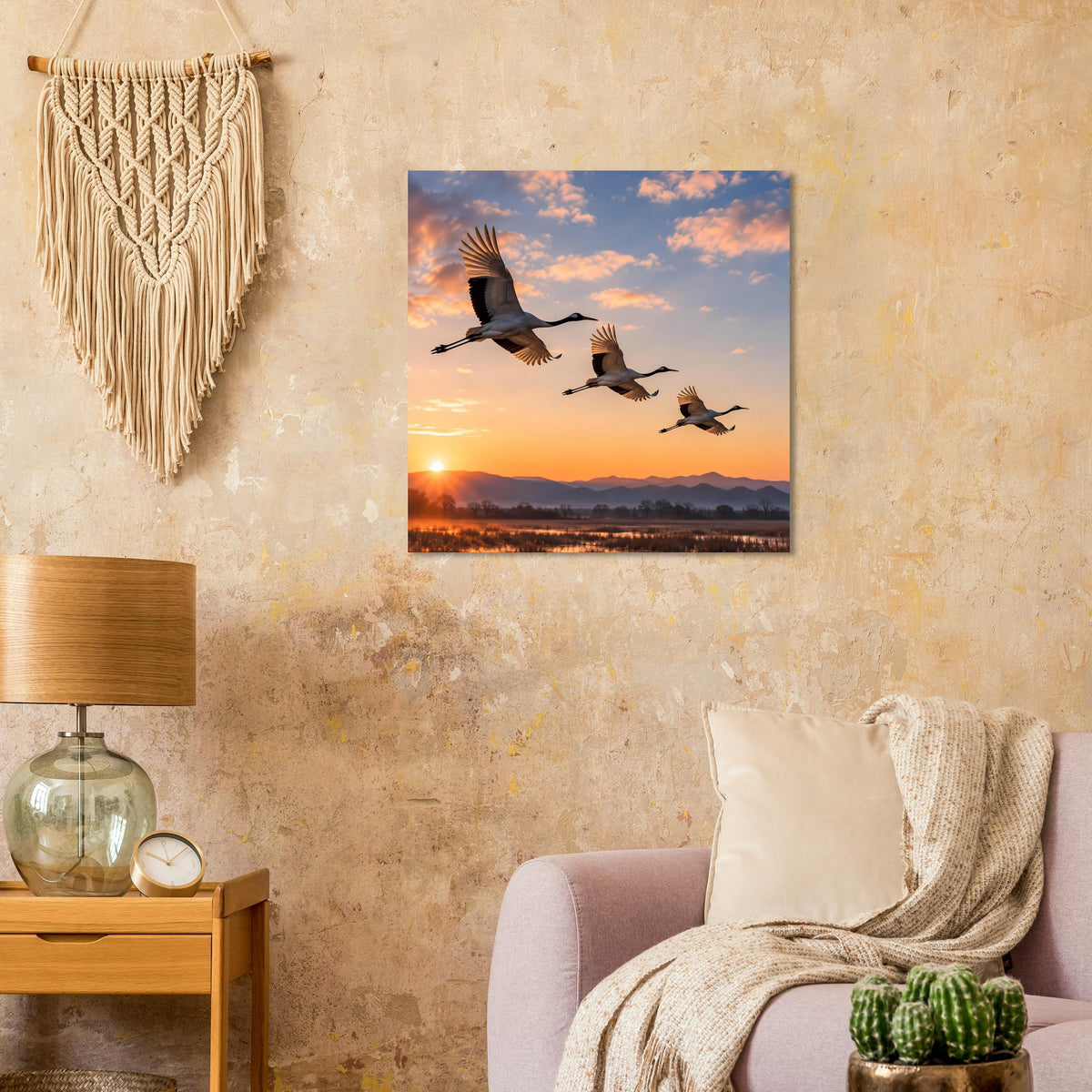 Wandposter mit Kranichen im Flug über Landschaft bei Sonnenuntergang