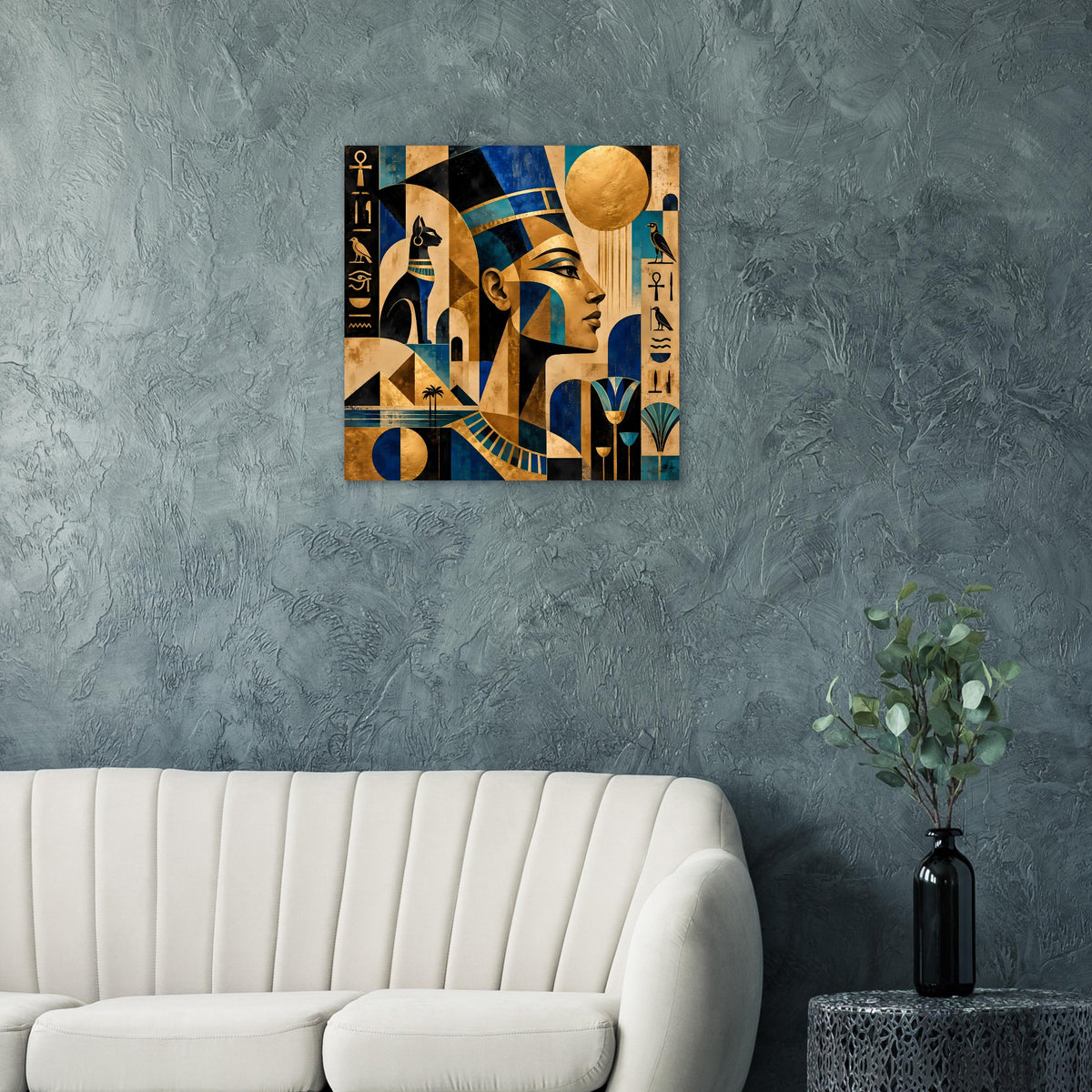 Quadratisches Wandposter mit ägyptischem Porträtprofil, Goldsonne über blauem Geometriemuster