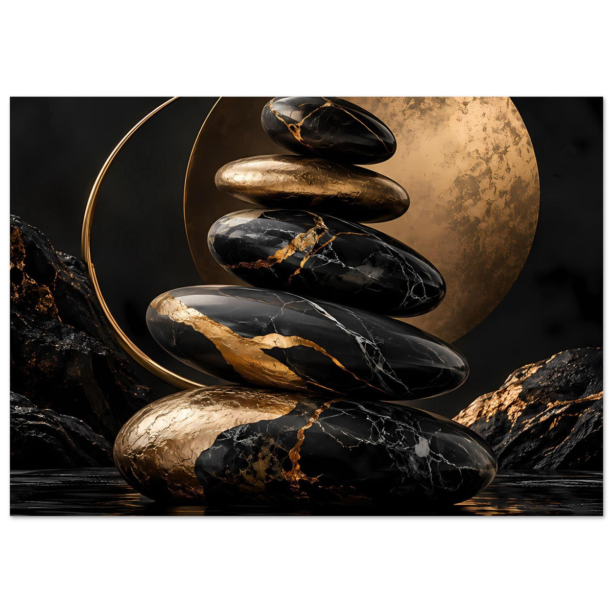 Poster mit Zen-Steinen in Schwarz und Gold, goldene Rundscheibe und Felsdetails