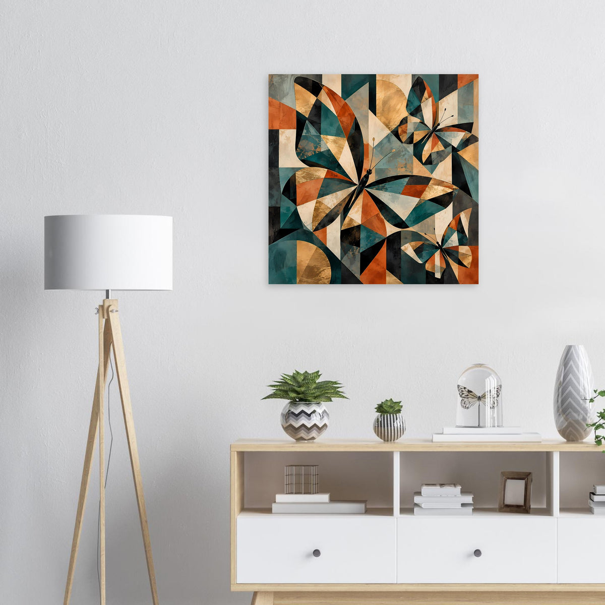Quadratisches Kunstposter mit geometrischen Schmetterlingen in Braun-, Grün- und Türkisfarben