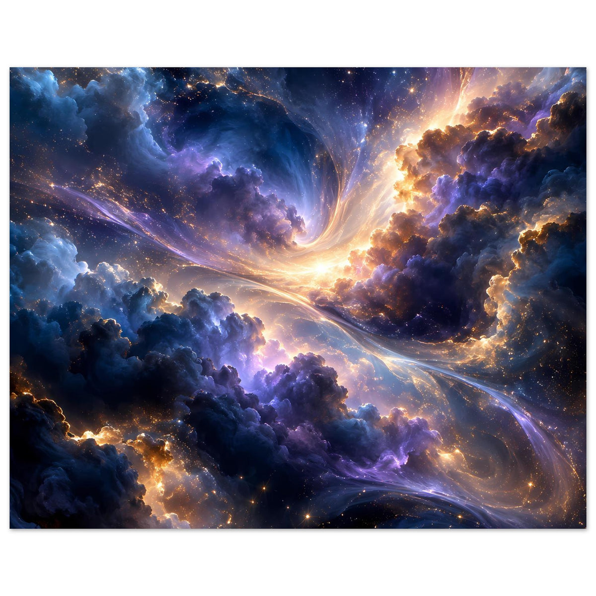 Galaxieposter auf Mattpapier mit Sternen, violett-blauem Nebel und heller Lichtspirale