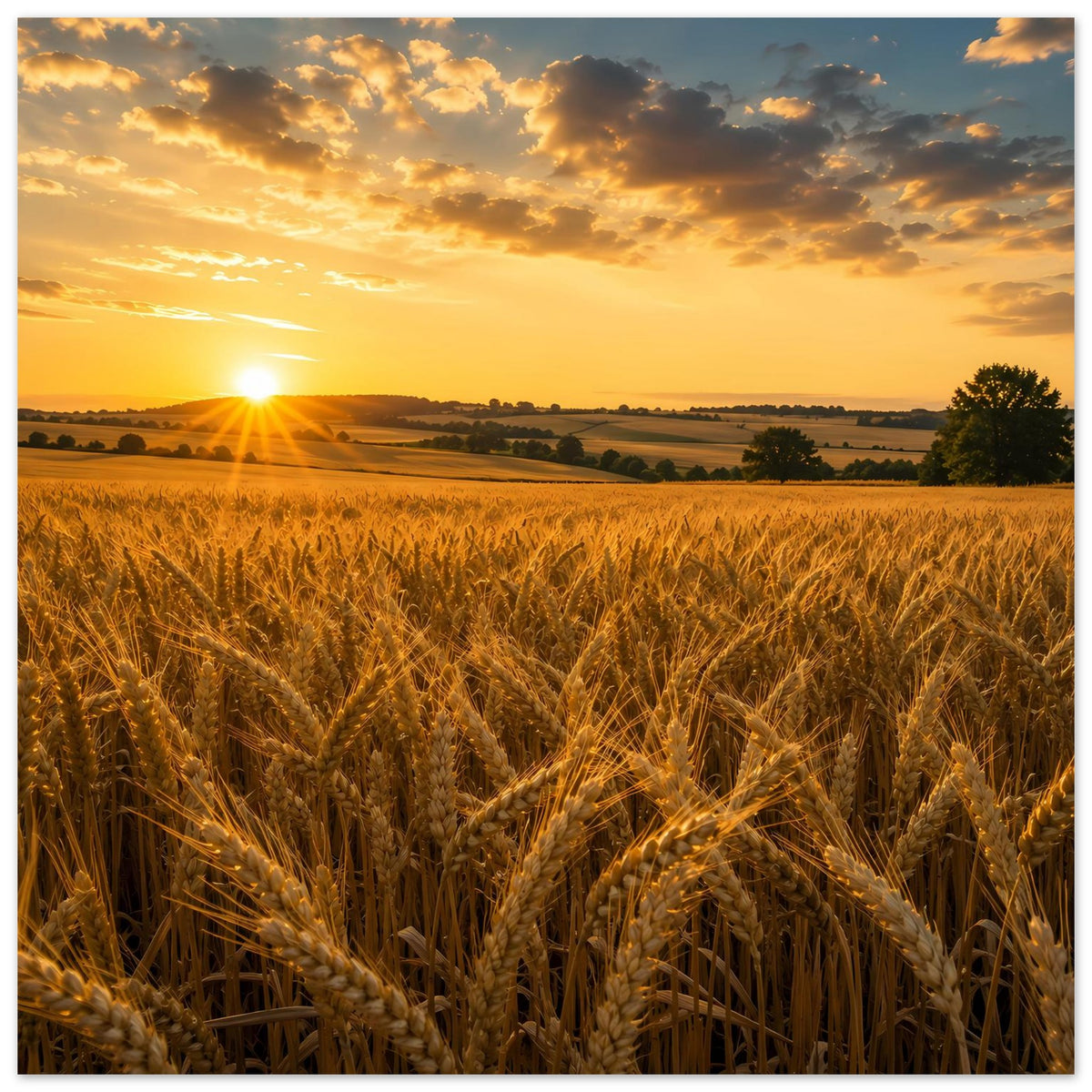 Landschafts-Poster mit goldenem Weizenfeld und Sonnenaufgang, Querformat, gerahmt